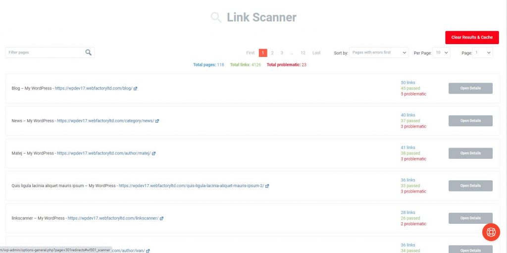 WP 302 Redirects link scanner pages