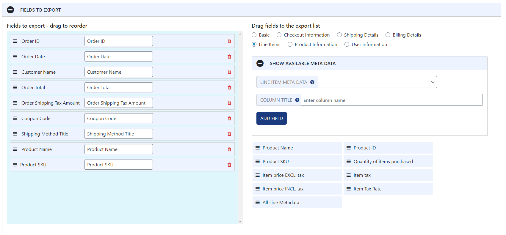 WooCommerce Export Orders Fields to Export