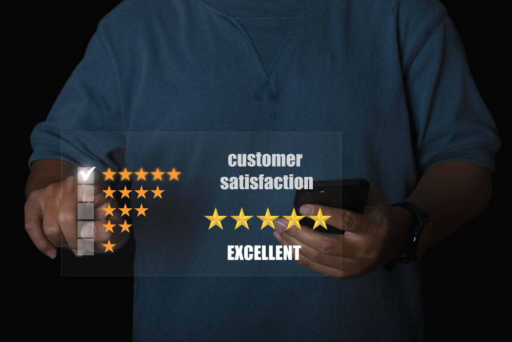 Businessman Use Smartphone Choosing Screen on Five Star Icon To Give Satisfaction in Service Rating Very Impressed