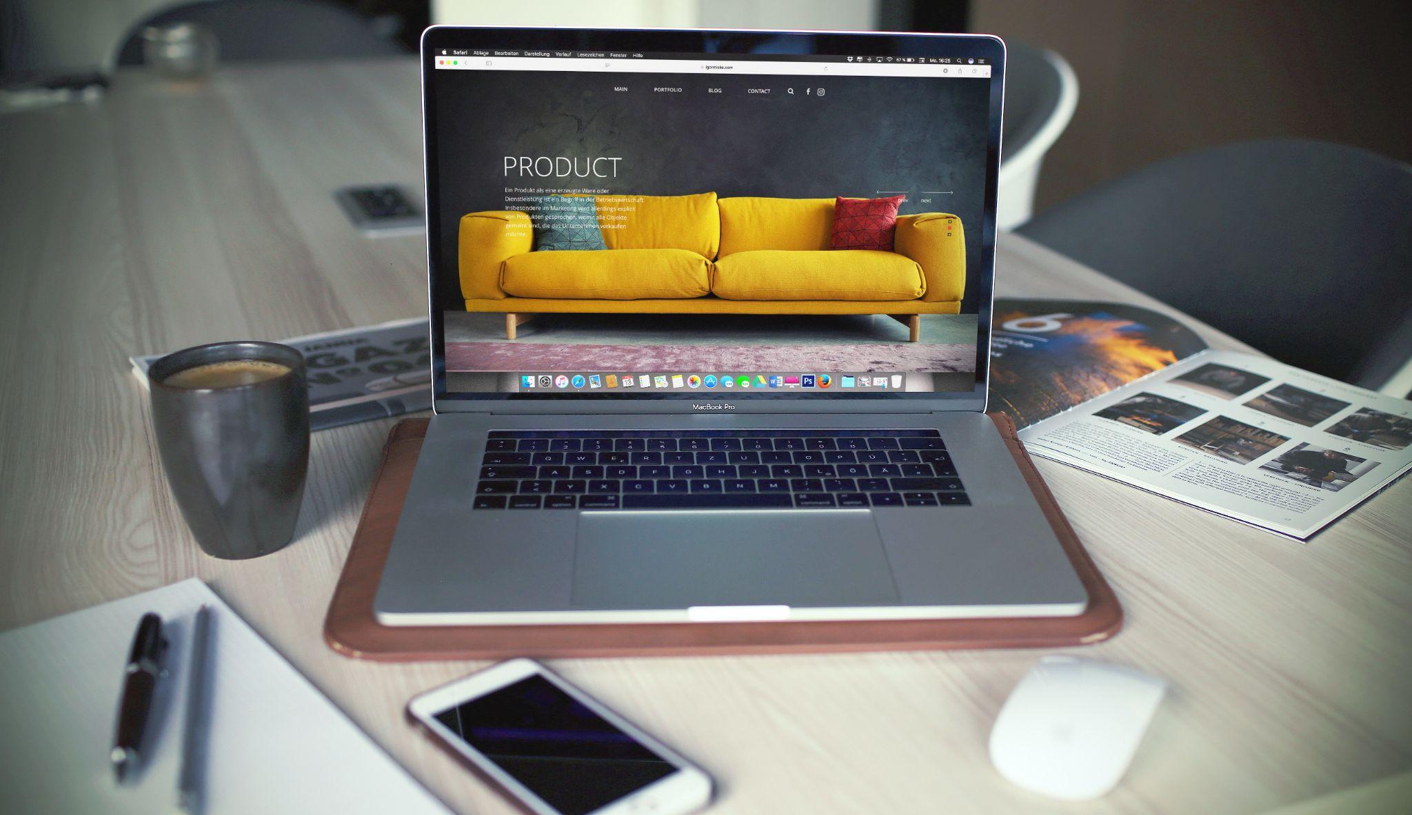 Yellow Couch With Product Text on Laptop