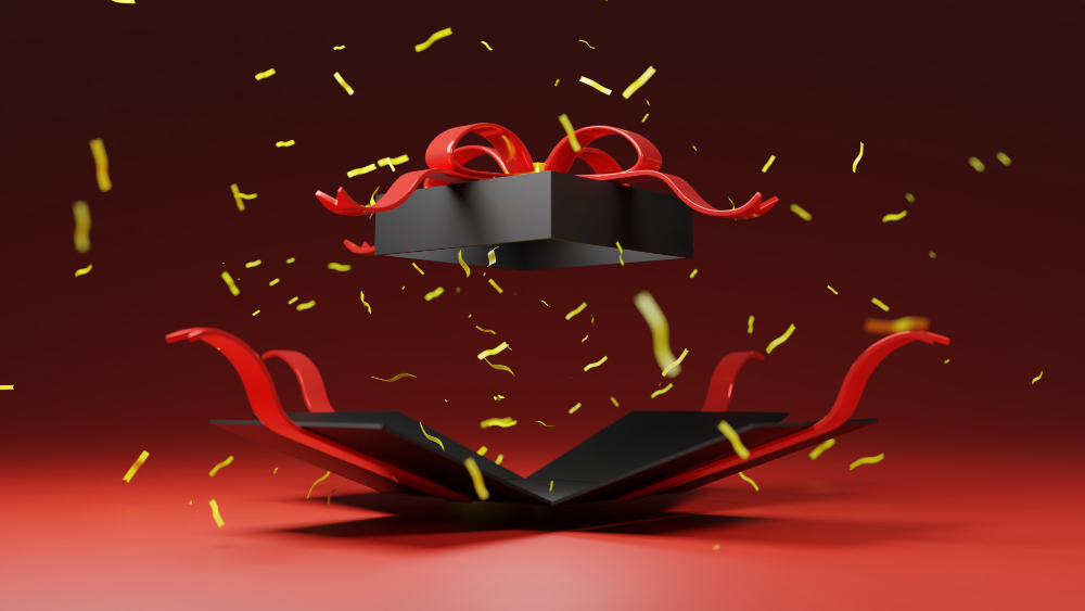3D Rendering Black Gift Box Bomb With Gold Ribbon
