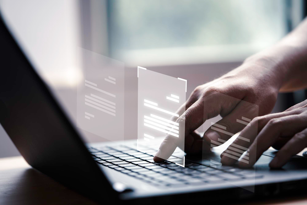 Hand Using Laptop Computer With Virtual Screen 