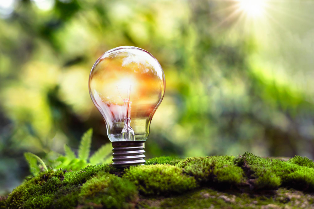 Light Bulb on Green Grass and Sunlight in Nature Concept of Energy Saving