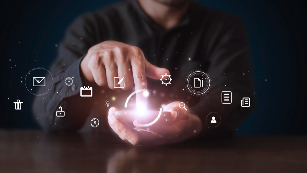 Businessman Using Phone and Touching On Virtual Screen